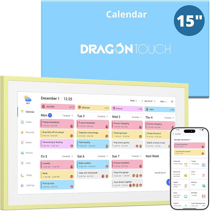 Dragon Touch 15.6 inch Digital Calendar & Chore Chart - Interactive Touchscreen Smart Family Planner,Digital Picture Frame for Mom, Women, Christmas & Weddings Yellow