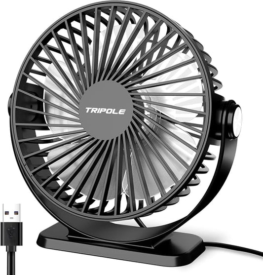 TriPole Small Desk Fan USB Powered Mini Portable Fan 360°Rotation, 5.1 Inch | 3 Speeds Plug In USB Desk Fan, Strong Airflow, Small Quiet Personal Fan for Home Office Bedroom Hotel Travel, 4.9ft Cable