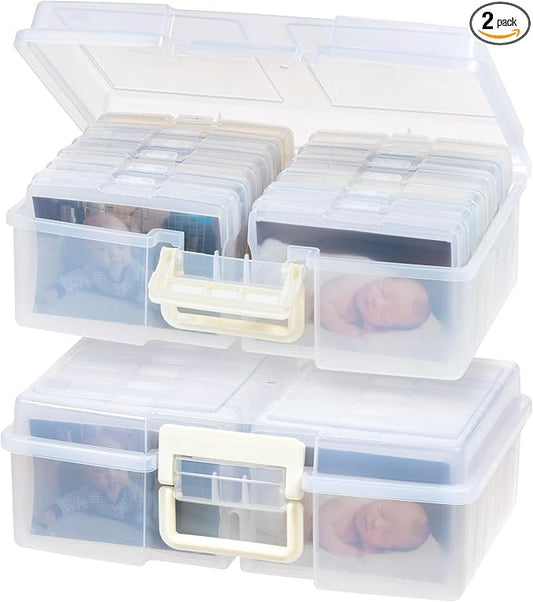 IRIS USA 4" x 6" |Made in USA| 2-Pack Photo Organizers and Picture Storage Box with Handle, 12 Inner Cases/Containers for Tasks, Stickers, Ephemera, & Flashcards - Clear