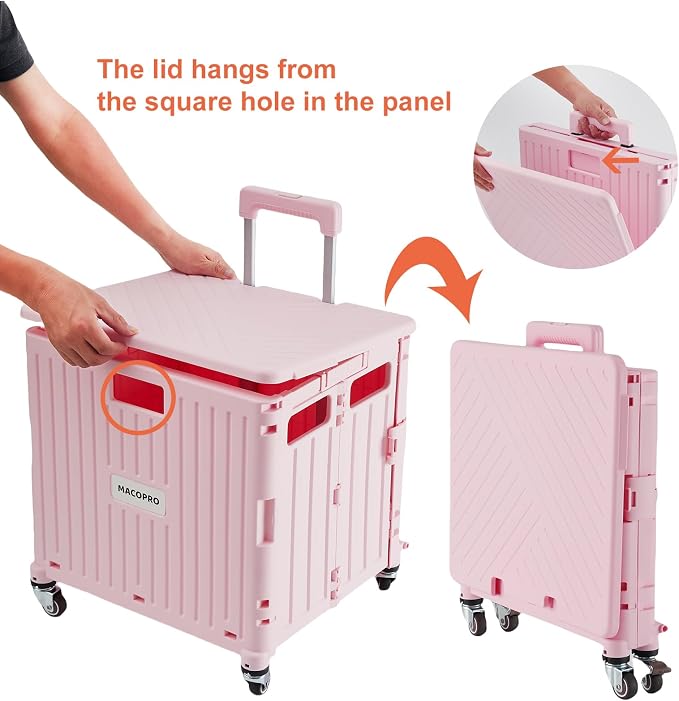 MACOPRO Folding Utility Cart Portable Rolling Crate Handcart Shopping Trolley Collapsible Tool Box, with Lid, Basket on 4 Rotate Wheels, for Grocery, Shopping, Office, Teacher (Pink)