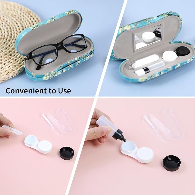 2 in 1 Contact Lens Case and Eyeglasses Case for Women Men Kids, Double Sided Hard Shell Portable Glasses Travel Holder with Built-in Mirror, Contact Lens Box (Apricot Blossom)