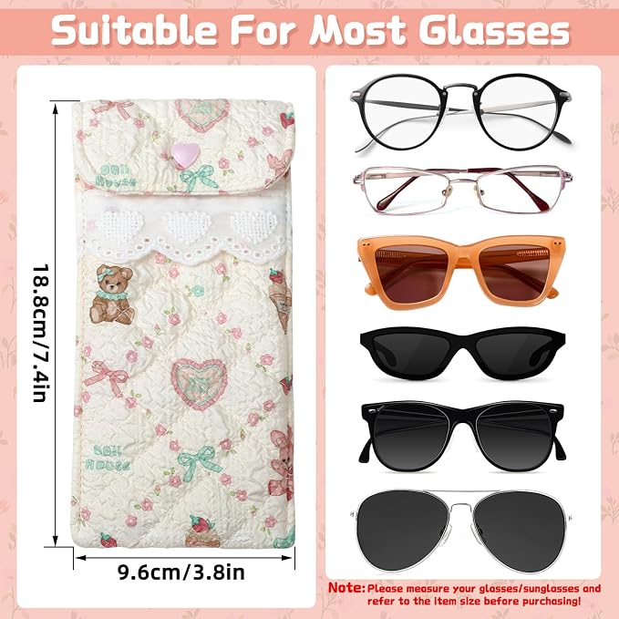 2PCS Sunglasses Pouch with Cleaning Cloth Soft Cotton Lining Glasses Case Quilted Eyeglass Pouch for Women and Girls