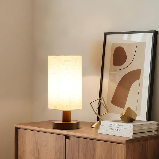Bedside Lamps Set of 2, Bamboo Small Table Lamp for Nightstand | 10'' Minimalist Nightstand Lamps for Bedroom, Modern Desk Lamp for Living Room, E26, Walunt, Linen Shade