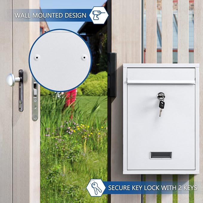 KYODOLED Locking Wall Mount Mailbox with Key Lock, White | Heavy-Duty Steel, Secure Drop Box for Letters, Cash & Cards, Weather Resistant, Home, Office & Apartment Use