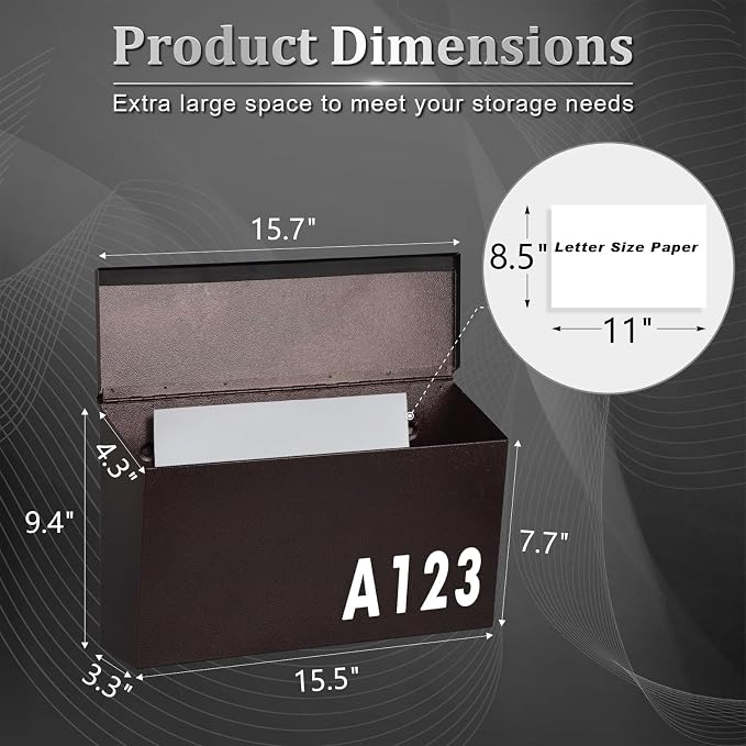 Dalmbox Wall-Mount Mailbox Large Mailbox for Post Rust-Proof Galvanized Steel Box for Outside or Townhouse Horizontal Style, Bronze, 15.7” x 4.3” x 9.4”