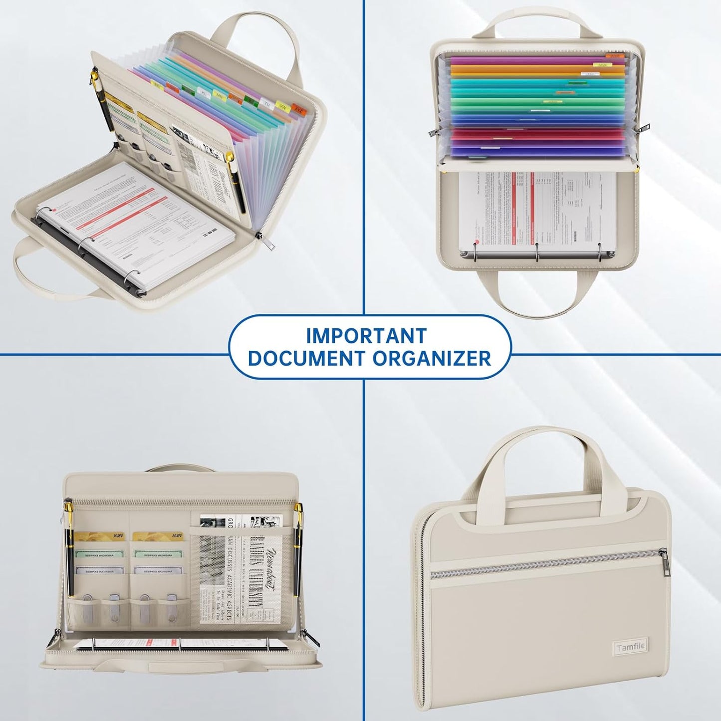 Fireproof Accordion File Organizer with Handle, 13 Pocket Expanding File Folder with Zipper & Labels, File Folder with 3 Ring Binder, Multi Pockets Paper Organizer Folder for Letter A4 Files (Beige)