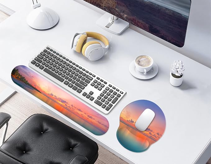 Mouse Pad Wrist Support, Ergonomic Memory Foam Keyboard Wrist Pad & Gel Wrist Rest Set for Computer Keyboard for Easy Typing & Pain Relief for Office & Home (Oceanic Sunset Set)