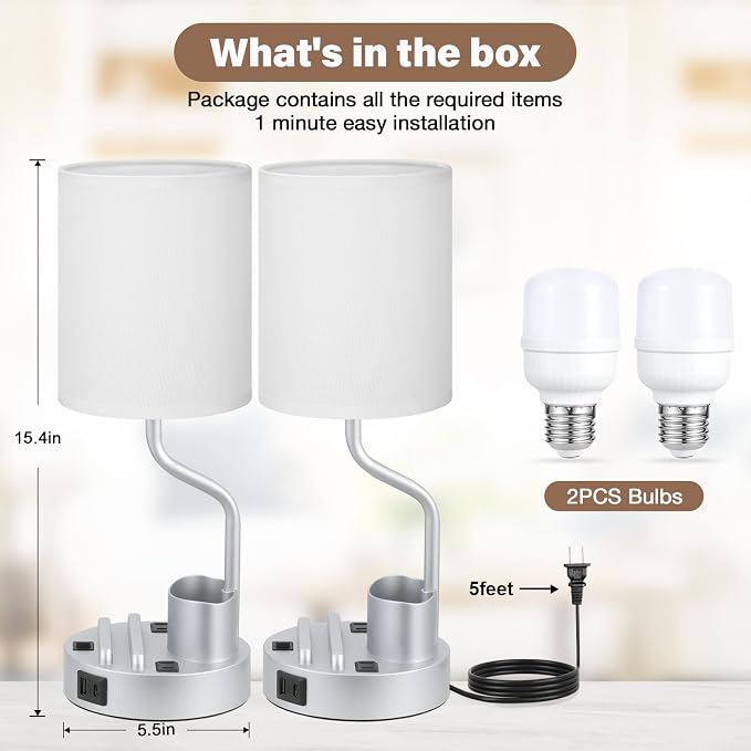 Bedside Lamps for Bedroom Set of 2 - Table Desk Lamp for Nightstand | 15" Table Lamp for Living Room with Pen Holder & Phone Stand, USB A+C Port, AC Outlet, 3 Color Temperature, LED Bulb Included