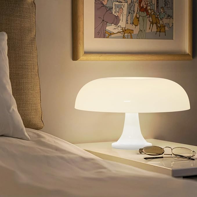 White Mushroom Lamp, Mid Century Modern Table Lamp for Bedroom, Minimalist Mushroom Decor Bedside Small Lamps, 2700K(Bulb Included, Plug Powered)