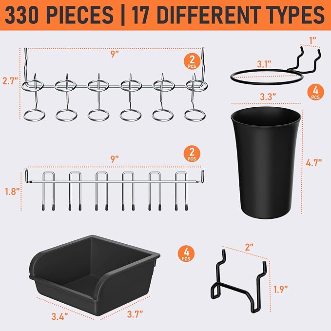 INCLY 280PCS Upgraded Pegboard Hooks Assortment with Bins & Cups | Pegboard Accessories Organizer Kit, 1/8 or 1/4 inch Peg Board Hooks for Hanging Tools, Garage Warehouse Wall Organization