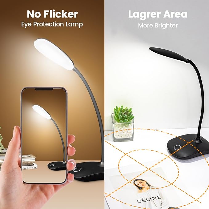 Portable Battery Powered Desk Lamp Small Rechargeable LED Table Light | 400 Lumen Eye Care,3 Color Temperatures,Stepless Touch Dimming,360° Adjustable for Nail Study Dorm Office Bedroom,Black 2 Pcs