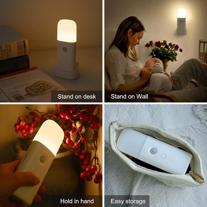 CREWEEL Motion Sensor Night Lights Indoor, Rechargeable Night Light Battery Powered, Portable Nightlight with Adjustable Brightness Activated Table Lamp for Kids, Adults, Bedroom, Bathroom(1Pack)