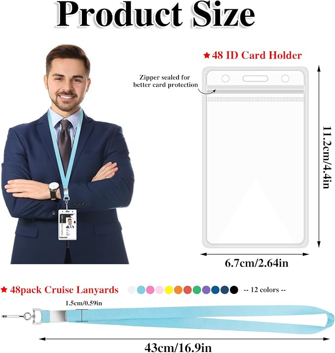 48 Pack Lanyards for ID Badges Cruise Lanyard for Ship Cards with Waterproof ID Badge Holder Cruise Essentials 2026 (12 Colors)