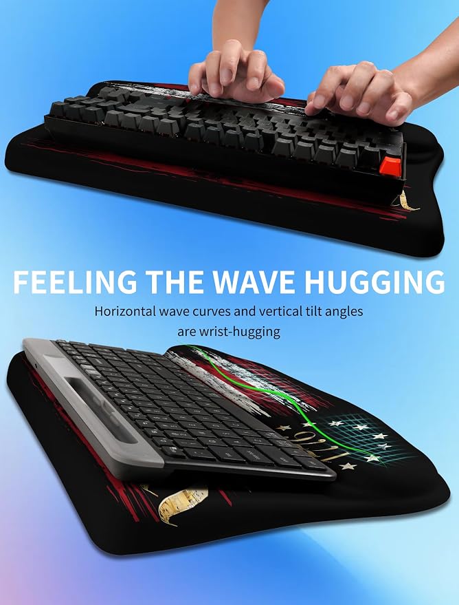 Ergonomic Wave Wrist Rest with Keyboard Stand, Cushioned Palm Rest, Comfortable Integrated Memory Foam for Natural Typing and Relieve Wrist Pain, US Flag