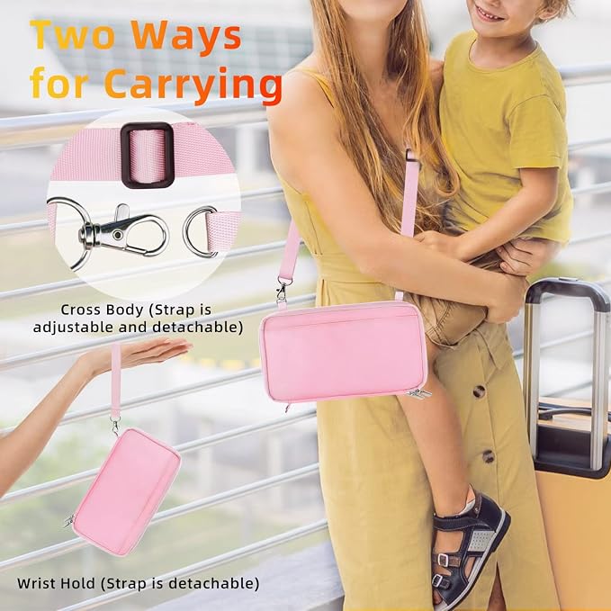 WALNEW Passport Holder for Travel Family, RFID Blocking Passport Wallet | International Travel Essentials, Travel Document Holder with Wristlet and Cross Body Straps, Fits 7 Passports for Family