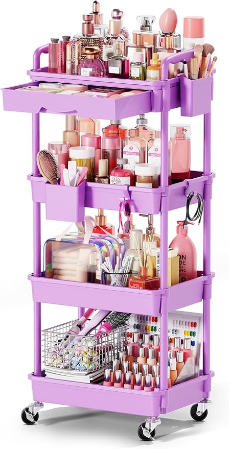 Goovilla Rolling Makeup Organizer Cart with Removable Drawer, 4 Tier Purple | Stable Floor Skincare Storage Cart for Vanity, Cosmetic Display, Nail Polish, Perfume, Hair Stuff, Beauty, Bathroom(Plastic)
