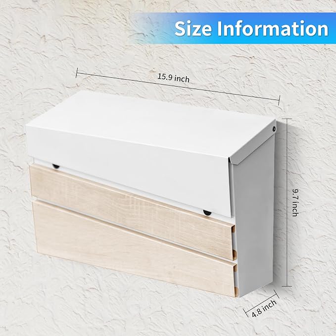 Wall-Mount Mailbox, White Walnut Wood Panel, Rust Resistant Large Capacity House Mailbox, Modern Drop Mailboxes for Outside, Metal Post Box (No Keys Locking)
