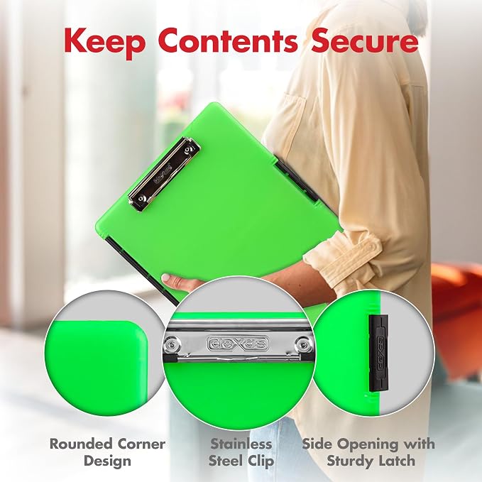 Dexas Slimcase 2 Plastic Clipboard with Storage and Side Opening, Neon Green, Office Supplies Clipboards to Organize, Carry and Store, A4 Holder, Style and Functionality Nursing Clipboard