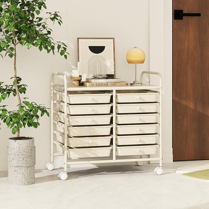 RELAX4LIFE 12-Drawer Rolling Storage Cart - Mobile Utility Cart on Wheels for School Classroom Teacher Office Salon, Paper File Art Supply Craft Organizer, Rolling Cart with Drawers (White)