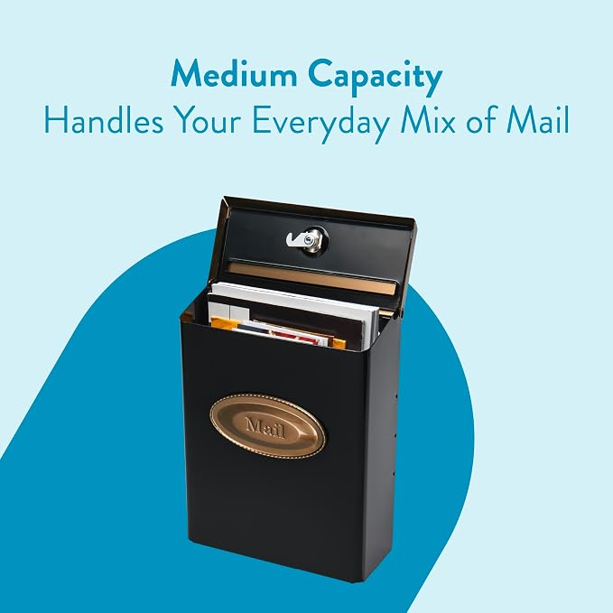Architectural Mailboxes Designer Locking Wall Mount Mailbox, Black, Medium | Galvanized steel build with a concealed lock and key drop box and weather-resistant outdoor construction.