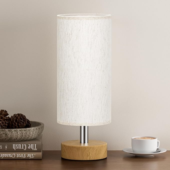 Table Lamp for Bedroom（Cream Shade - Wood Base, 11.6" Inline Control） | Bulb not Included | Minimalist Desk Lamp | Linen Fabric Shade | for Living Room | for Dorm