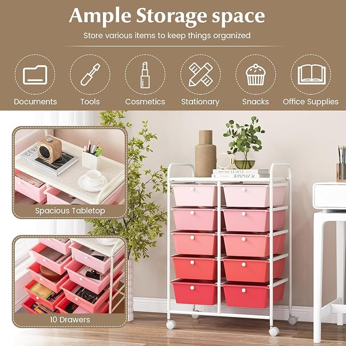 10 Drawer Rolling Cart, Storage Cart Organizer on Wheels, Drawer Cart with Metal Frame & Large Storage Capacity, Rolling Cart with Drawers for Living Room Classroom, Office