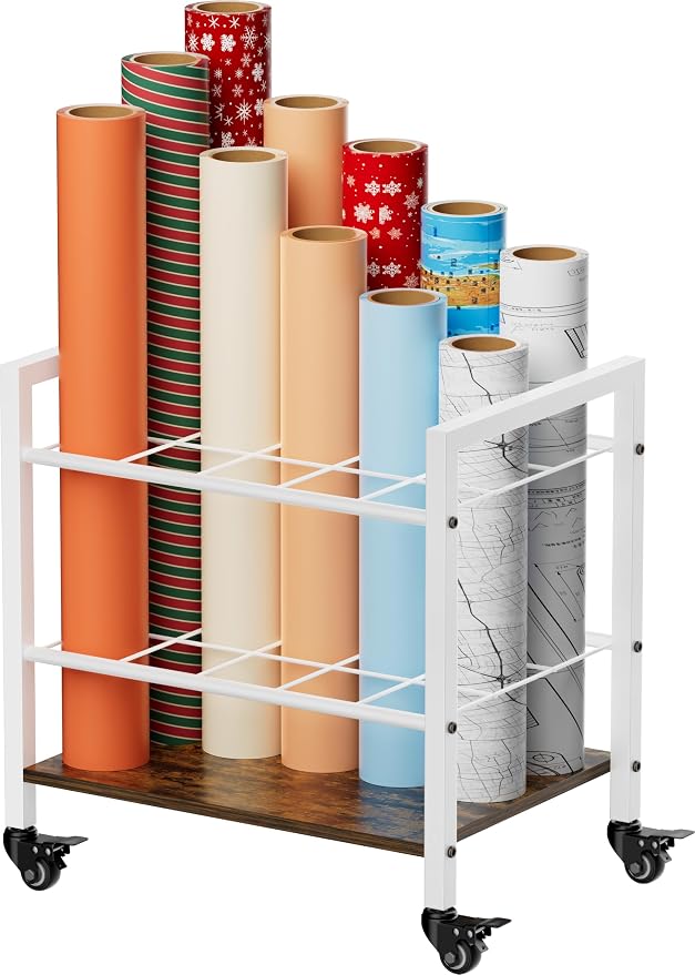 Blueprint Storage Rack Cart, 15 Slots Metal Rolling File Holder with Wheels & Adjustable Pads, Mobile Gift Wrapping Paper Organizer for Maps/Posters/Architectural Construction Plans, White