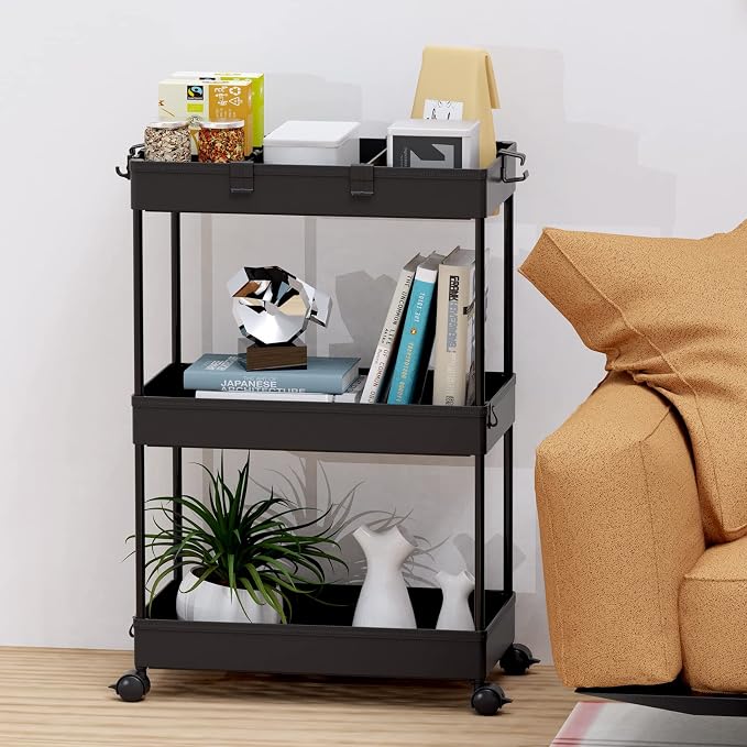 3 Tier Rolling Cart with Wheels, Storage Craft Art Trolley Organizer Serving, 3 Hanging Baskets Easy Assembly, for Office, Bathroom，Living Room, Kitchen, Black