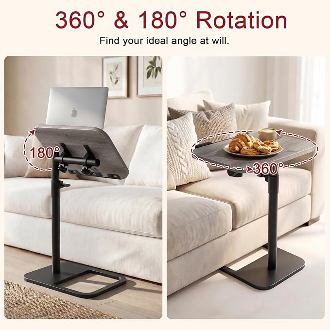 Height Adjustable Tv Trays Table for Sofa, Modern Angle Adjustable 360° Swivel and 180° Tilt Flip-Over Panel C Shaped Side Tables with Tablet Slots for Phone Computer (Grey)