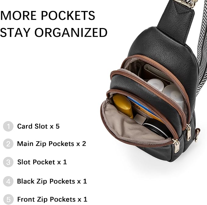 BOSTANTEN Sling Bag for Women Leather Crossbody Bags Fanny Pack Chest Bag for Travel | Adjustable Wide Strap, Small, Anti Theft, Lightweight, Multi Pockets and Carrying Way, Card Slot, Cute Trendy for Everyday