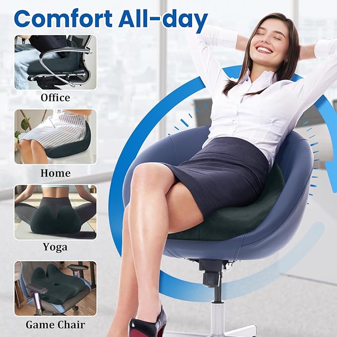 Seat Cushion, Memory Foam Office Chair Seat Cushion for Office Chairs/Car/Long Trip/Desk Chair/Gaming, Large Size for Sciatica & Hip & Tailbone Pain Relief, Sciatica Support (Deep Green)