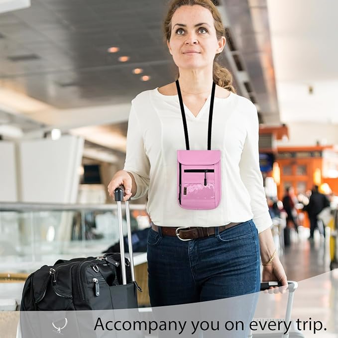 RFID Blocking Travel Neck Wallet Pouch and Passport Holder, Travel Neck Pouch Passport Holder for Women & Men - Pink