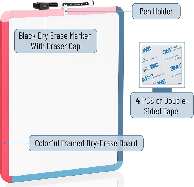 Mr. Pen- Dry Erase Board, 14” x 11” with a Black Dry Erase Marker | Pink Tide Frame, Small Mini White Board for Students, Fridge, Wall, Locker, Includes Double Sided Tapes