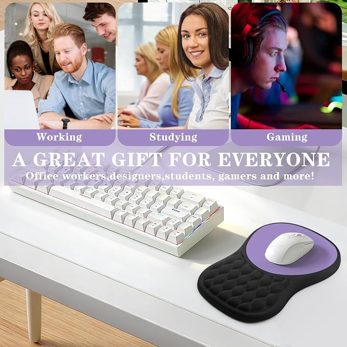 Ergonomic Mouse Pad with Wrist Rest Sloped Massage Design (Black + Purple) | Soft Comfortable Memory Foam Wrist Support for Pain Relief, Non-Slip PU Base, Office, Home, Gaming Mousepad for Desk