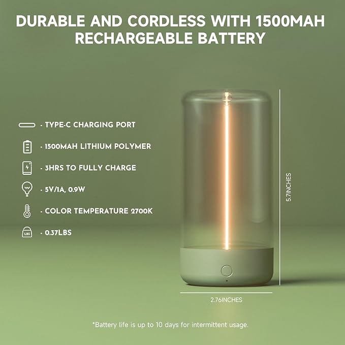 Mini Minimalist Cordless Table Lamp, Rechargeable Night Stand Lamp, Olive Green