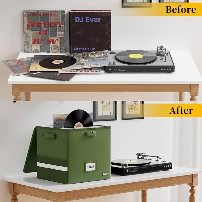 DocSafe Vinyl Record Storage Box with Lock, Fireproof＆Water Resistant Record Organizer for 100+ Single Records(12-inch), Collapsible Storage Crate with Lid&Handles for Valuable Album Collection,Green