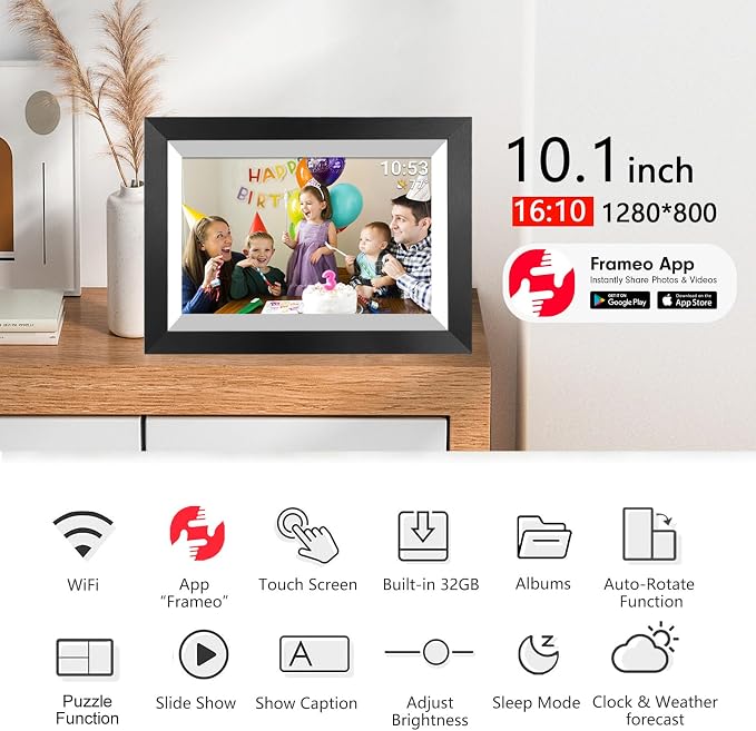 FRAMEO 10.1 Inch Smart WiFi Digital Photo Frame 1280x800 IPS LCD Touch Screen, Auto-Rotate Portrait and Landscape, Share Moments Instantly via Frameo App from Anywhere