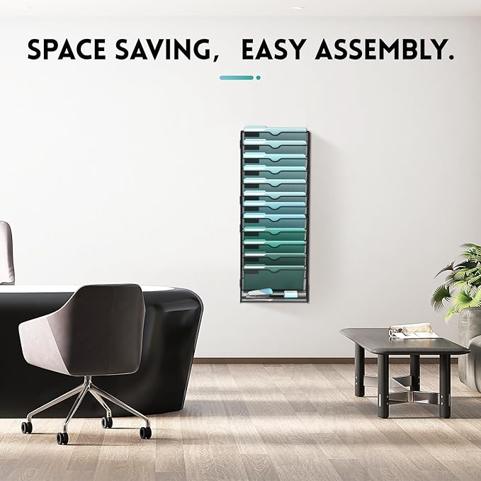 13-Tier Wall File Organizer, Wall Mounted Mail Sorter, 2 Pack | Metal Mesh Hanging File Organizer with Open Compartments and Label Panels for Papers and Folders at Home, Office or School