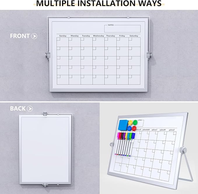 Dry Erase White Board,16X12IN Magnetic Desktop Whiteboard Calendar | Whiteboard 8 Markers, 4 Magnets, 1 Eraser, Portable Double-Sided White Board Easel for Kids Memo to Do List Desk