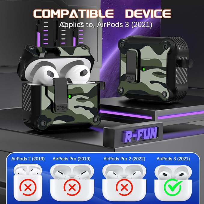 R-FUN for AirPods 3 Case Cover with Lock Magnetic Lid, Camo Green | Compatible with Apple AirPods 3rd Generation (2019) Case with Cleaner Kit & Carabiner, Powerful Drop Protection