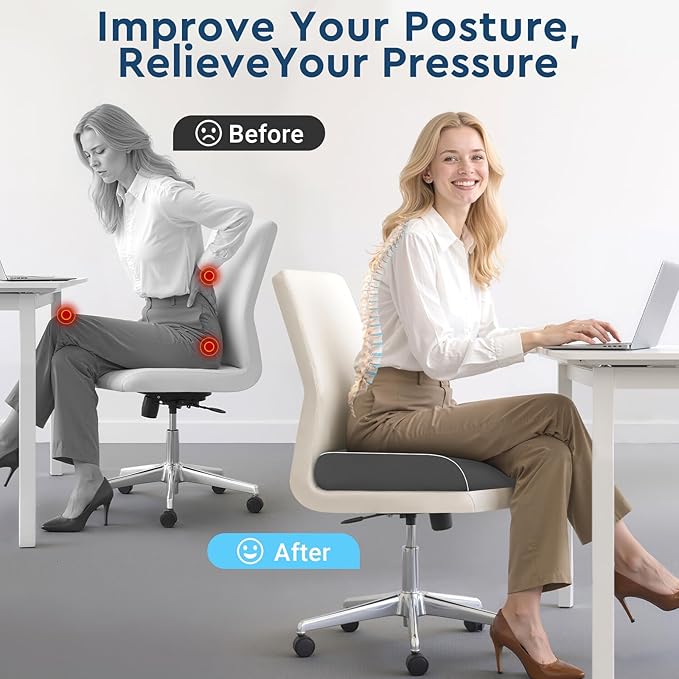 Seat Cushion, Memory Foam Office Chair Cushions for Long Sitting Hours, Chair Pad for Sciatica, Coccyx, Tailbone, Hip Pain & Pressure Relief, Office, Home, Car Seats,Airplane, Gray/X-Large