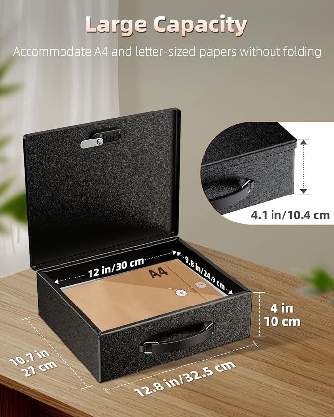 Uniclife Fireproof Document Box with Combination & Key Lock | Water Resistant, Large Metal Lock Box for A4 Paper, Portable Document Safe for Valuables Passports, 13" x 10.9" x 4.1"