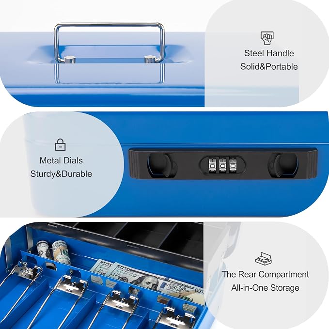 Jssmst Locking Cash Box with Coin Lid, 11.8L x 9.5W x 3.5H Inches, Latch Safe Money Box with Combination Lock, Blue