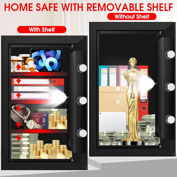 5.1 Cuft Large Home Safes Water and Fireproof with Digital Keypad & Key Lock, Fire Security Safes with 3 Removable Shelves, Anti-Pry Safe Box for Money Documents Jewelry, 23.62"H x14.96"W x 12.2"D