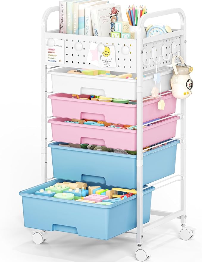 5 Drawer Rolling Storage Cart with Pegboard Top and Hooks, Pink&Blue | Mobile Organizer Cart with Wheels for Office Supplies, Craft Storage, Classroom Organization, Home Utility Cart