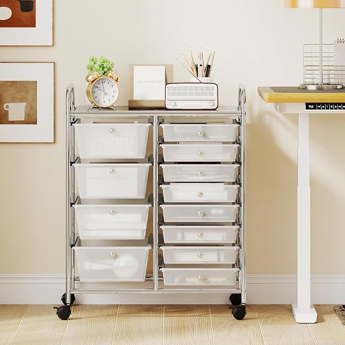 BECOMFORT 15-Drawer Rolling Cart with Drawers, Storage Cart on Wheels, Teacher Classroom Organizers with Metal Frame, Mobile Craft Cart for Tools