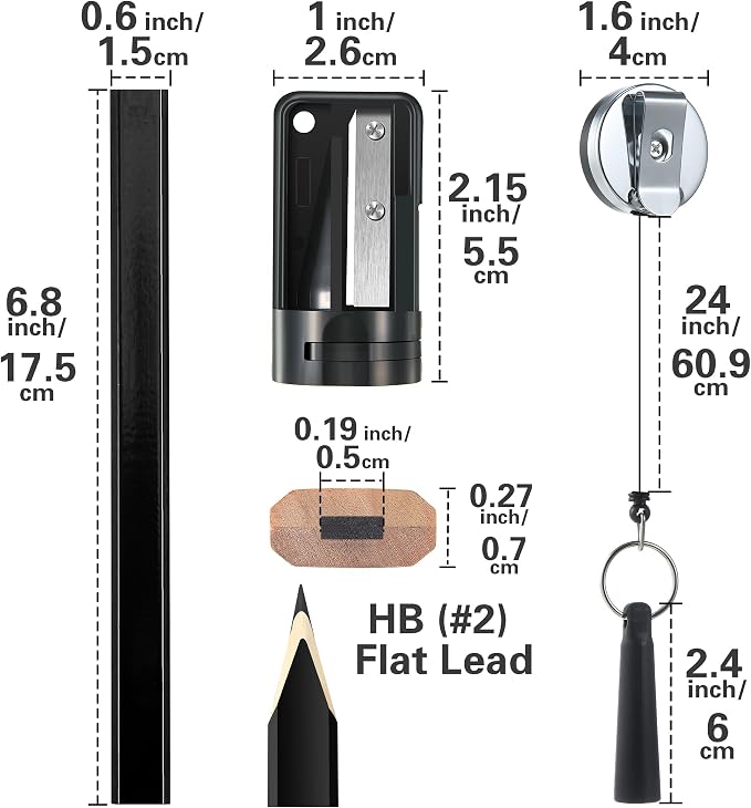 Hohean 14 Pcs Carpenter Pencils, 7 Inches Flat Octagonal Hard Woodworking Construction Pencils Heavy Duty with Pencil Sharpener and Retractable Pull Pen Holder for Contractor Carpentry (Black)
