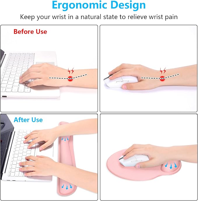 Dapesuom Keyboard Wrist Rest and Mouse Pad with Wrist Support, Memory Foam Cushion for Keyboard and Mouse Set, Ergonomic Desktop Pad Rests with Non Slip Base for Easy Typing & Pain Relief, Rose Pink