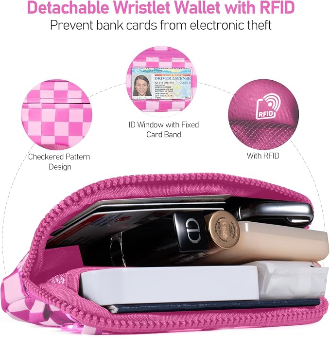 Tiostep Clip and Go Strap for Phone with Wallet Crossbody Phone Lanyard Adjustable and Detachable RFID Wristlet Wallet (Hot Pink Checkered, Large)