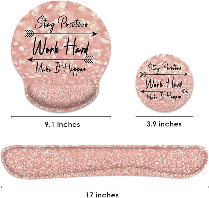 Ergonomic Mouse Pad Set with Wrist Rest, Rose Pink Gold | Non-Slip Rubber Base Wrist Cushion Support and Coasters Mousepad with Wrist Support for Computer Keyboard